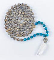 mala beads, mala necklace, labradorite, blue apatite, pyrite, clear quartz